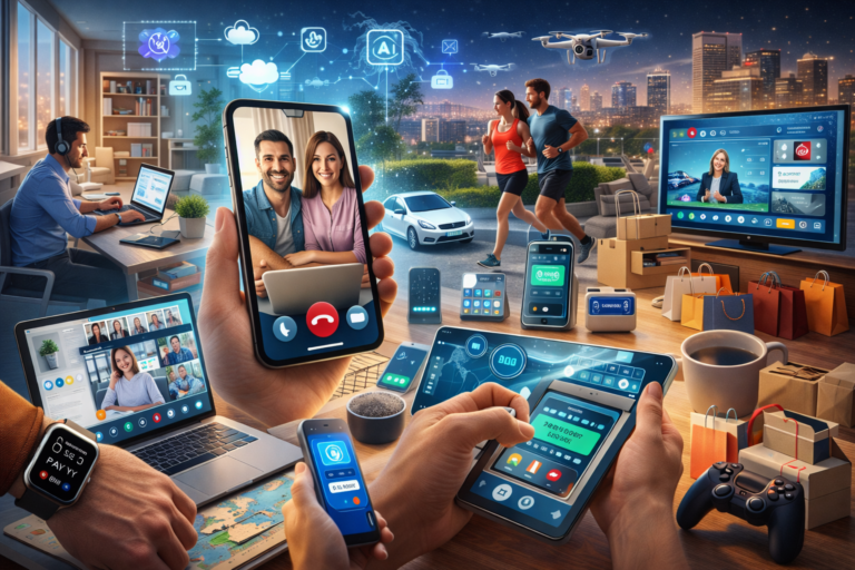 Modern everyday life showing technology use in work, communication, healthcare, and home activities