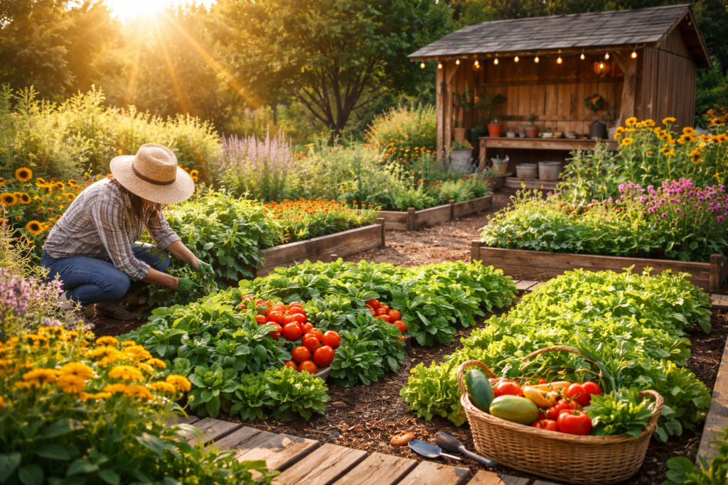 Personal home garden with vegetables, flowers, and healthy soil