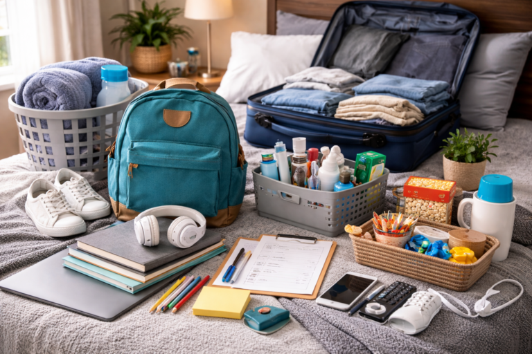 University student packing essential items for dorm room life
