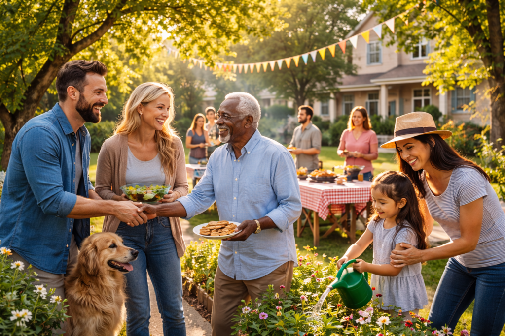Residents enjoying a peaceful neighborhood with community interaction and shared spaces