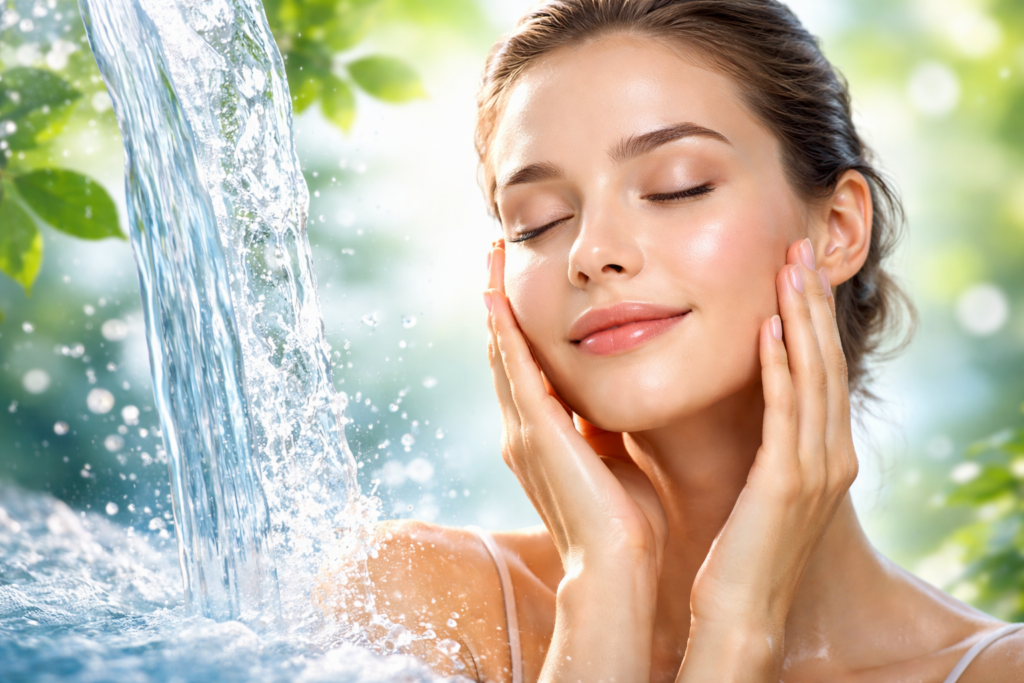 Illustration showing clean water flowing over healthy glowing skin to represent the impact of water quality on skincare