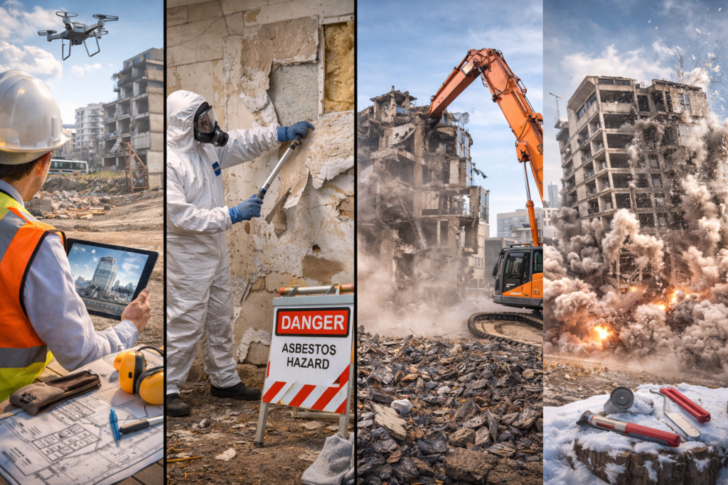 Building demolition process with excavator tearing down structure