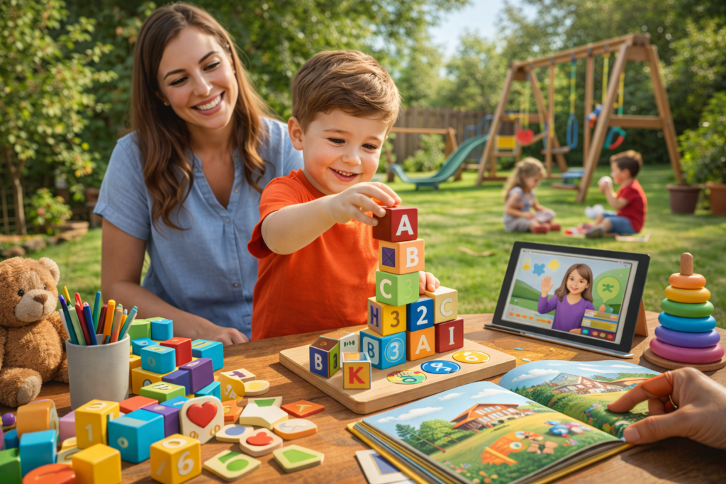 Parents helping toddler learn through play and daily routines