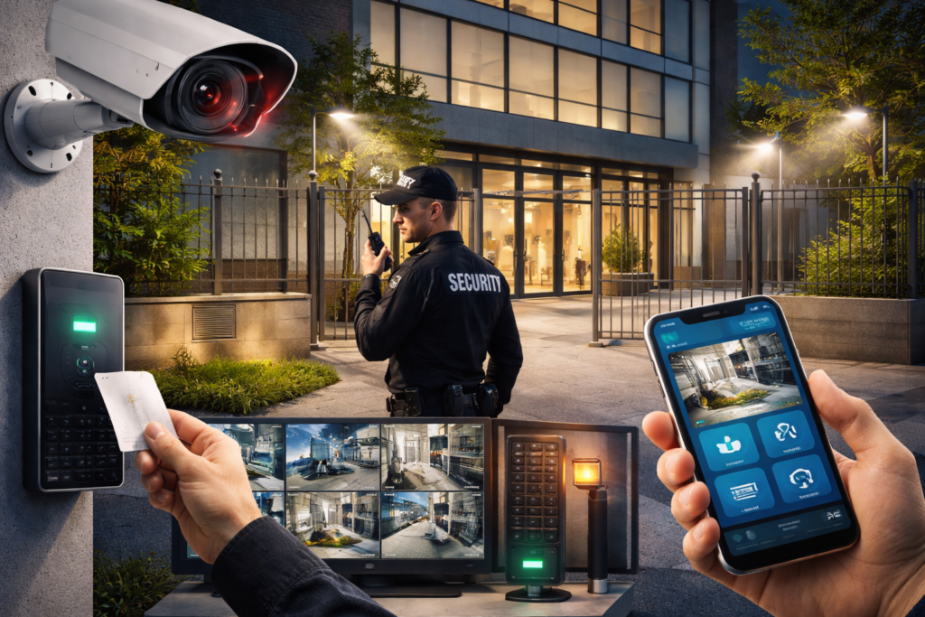 Commercial security solutions with surveillance cameras and access control system