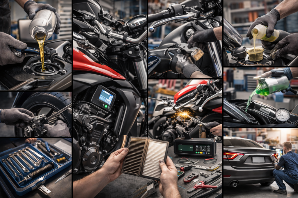 Mechanic performing motorcycle maintenance check