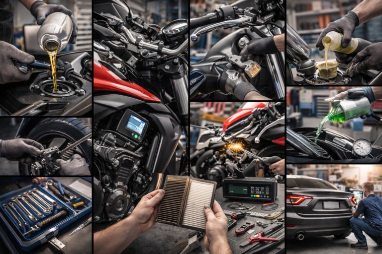 Mechanic performing motorcycle maintenance check