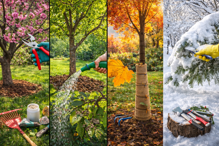 Seasonal tree care maintenance showing pruning, watering, mulching, and inspecting trees throughout the year