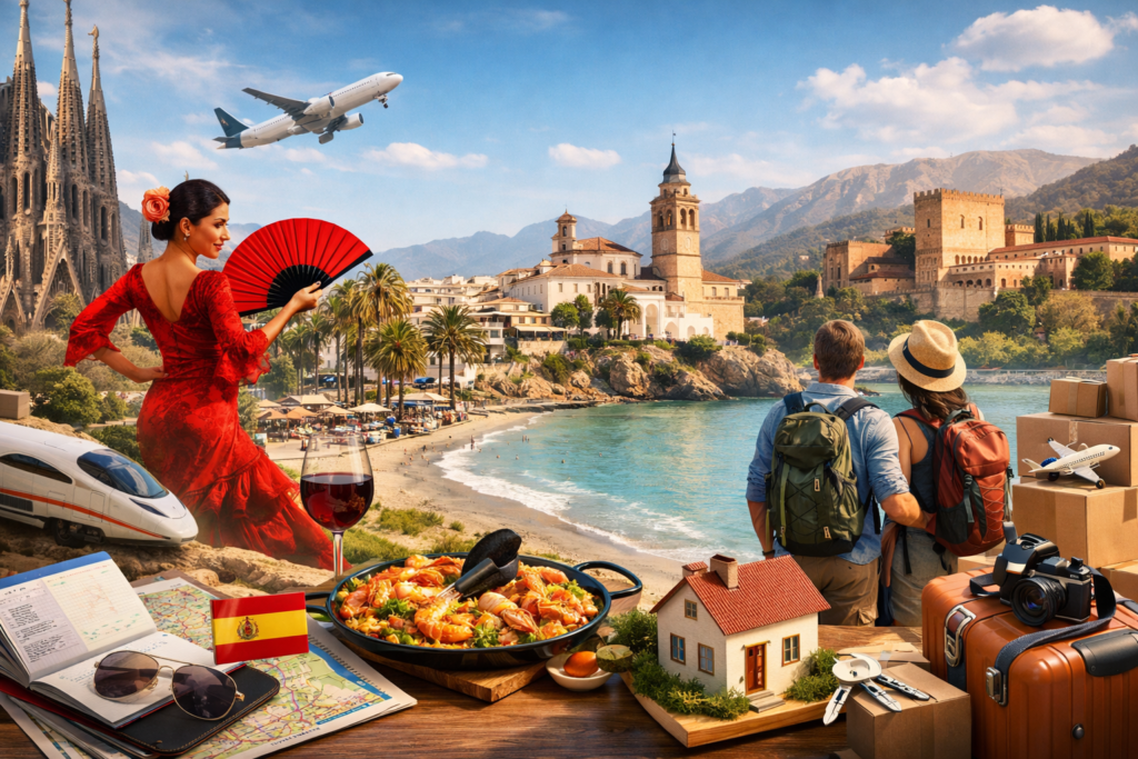 Couple relocating to Spain and exploring a vibrant Spanish city