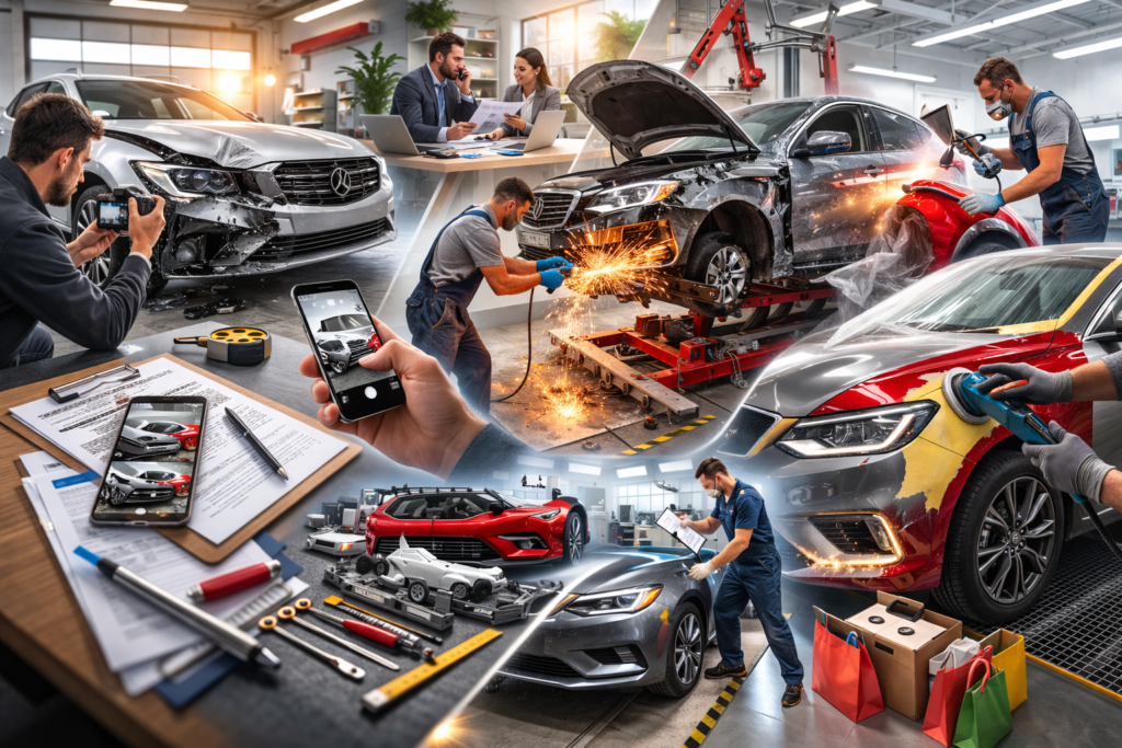 Technician inspecting vehicle for collision damage repair